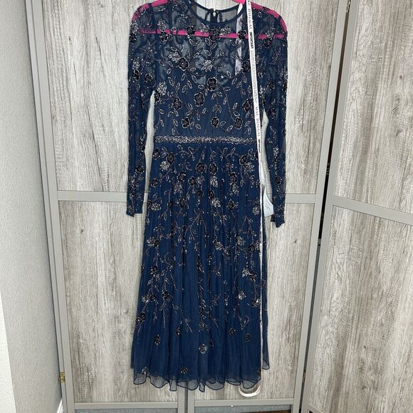 Mac Duggal Dress Size 4 Midi Beaded Style 10799 Illusion A Line Navy NWT - Picture 2 of 14